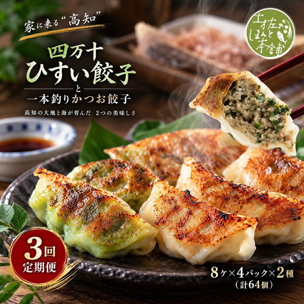 【ふるさと納税】【3回定期便】餃子 冷凍餃子 「四万十ひすい餃子・一本釣りかつお餃子 2種食べ比べ 計192個（64個×3回）」 [ 高知県四万十市 四万十ポーク 手作り にんにく不使用 8個入り小分け たれ付き おかず おつまみ ]