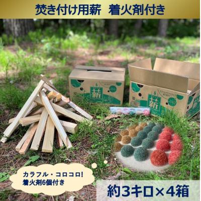 ふるさと納税 伊那市 信州産焚き付け用薪　カラフルでコロコロした着火剤付き(6個入)　薪約3キロ×4箱