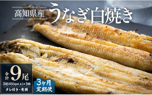 
【3カ月定期便】高知県産鰻の白焼き150～180ｇ×3尾 合計9尾 エコ包装 - 鰻 ウナギ 有頭 つまみ ご飯のお供 たれ 簡易包装 Wyw-0078
