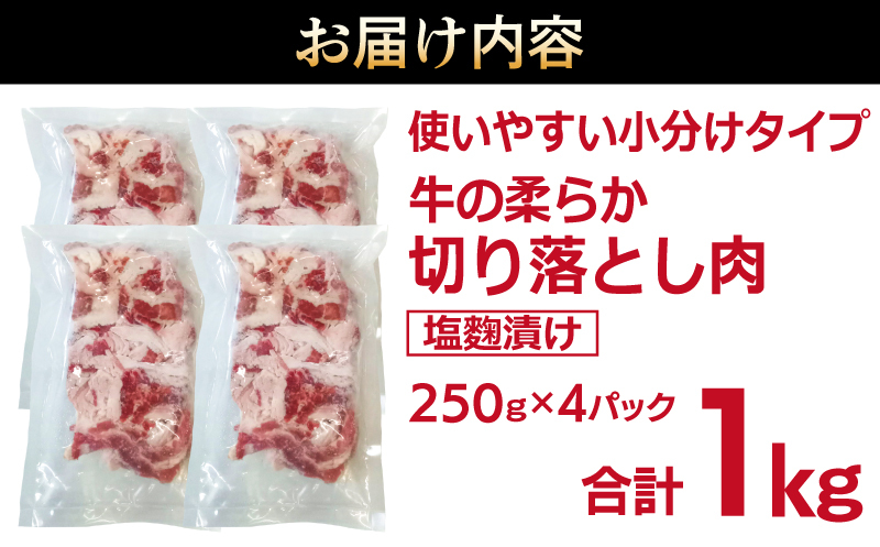 牛肉 切り落とし 塩麹漬け 合計1kg【味付け 小分け 焼くだけ 簡単調理 BBQ 牛肉 250g×4袋】 099H3389_イメージ4