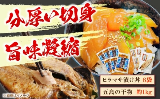 【五島列島直送】ヒラマサ漬け丼6食+干物セット約1kg 3～4種 魚 海鮮 漬け丼 干物 新鮮 国産 魚介 長崎 五島 上五島【有福水産】 [RBV003]