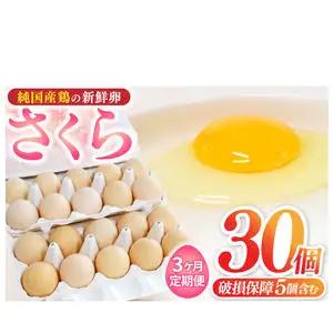 純国産鶏 卵 定期便【さくら】純たまご30個入り 破損保証5個を含む【3ヶ月連続お届け】 (AJ028)  国産 たまご 産地直送 飼料にこだわった 玉子  鶏卵