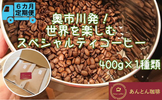 
【奥市川発！定期便6か月】　世界を楽しむ　スペシャルティコーヒー　400g×1種類＜豆・粉（中挽き）から選択＞　【12203-0184】
