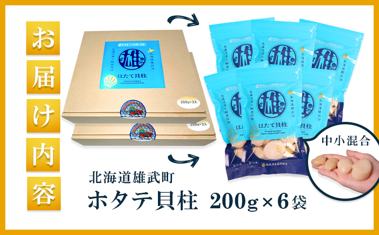北海道雄武町産ほたて貝柱 中小混合 200g×6 (冷凍) 使い切りパック【07135】
