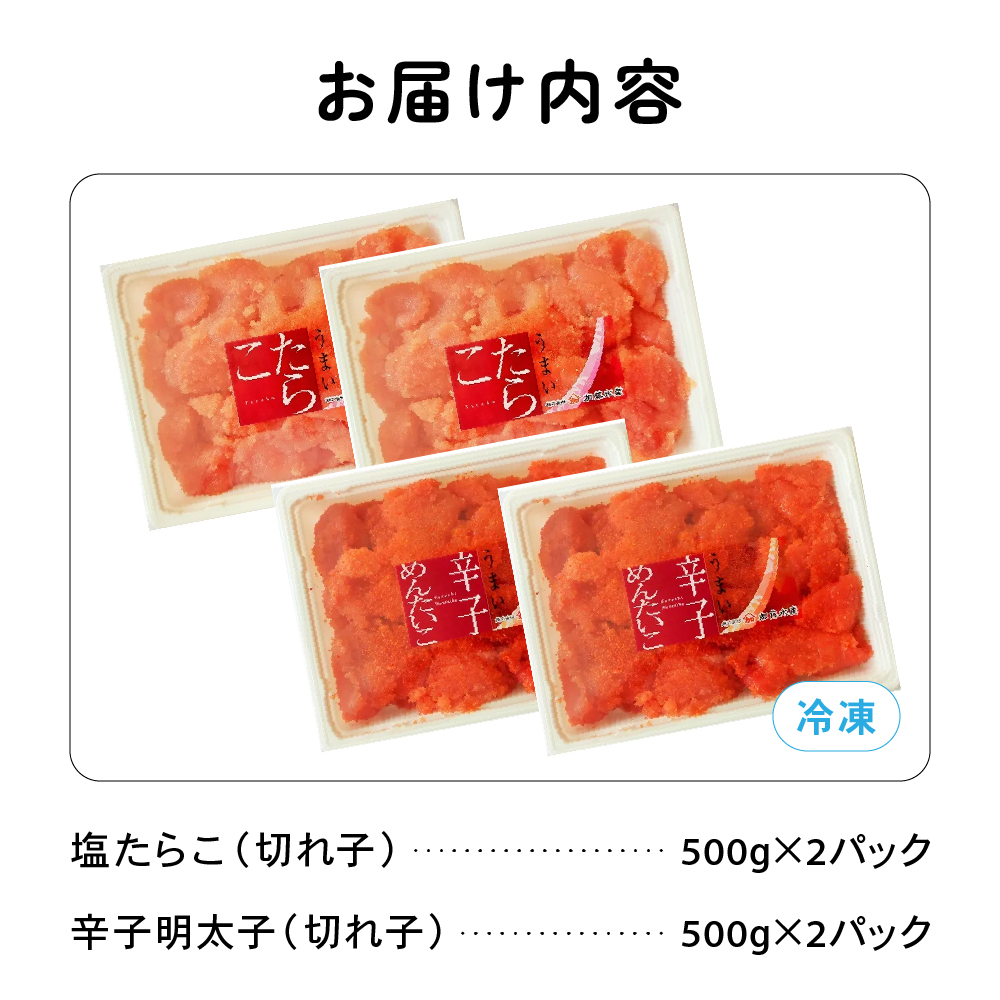 訳あり 塩たらこ・辛子明太子(500g×各2パック) 切子セット バラ子 切れ子 たらこ 明太子 加藤水産 ひとくちサイズ 切子 不揃い つまみ おつまみ R002-019_イメージ2