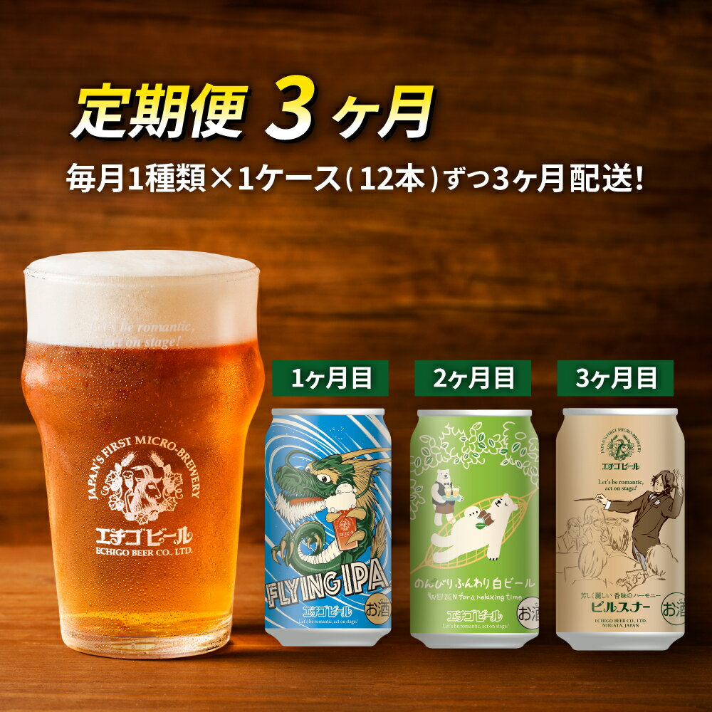 【ふるさと納税】【定期便3ヶ月】エチゴビール【1ヶ月目】FLYING IPA350ml缶×12本【2ヶ月目】のんびりふんわり白ビール350ml缶×12本【3ヶ月目】ピルスナー350ml缶×12本 ビール 全国第一号 クラフトビール 350ml 12本 酒 定期便 3回 お楽しみ