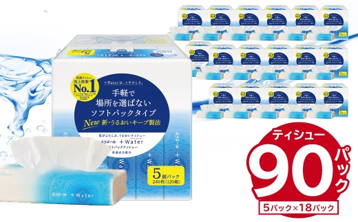 エリエール +Water（プラスウォーター）ソフトパックティシュー　120W5P×18パック  【 ソフトパックティッシュ ティッシュ ソフトパック ティッシュペーパー 箱なし 日用品 新生活 備蓄 防災 消耗品 生活雑貨 生活用品 パルプ100％ 】