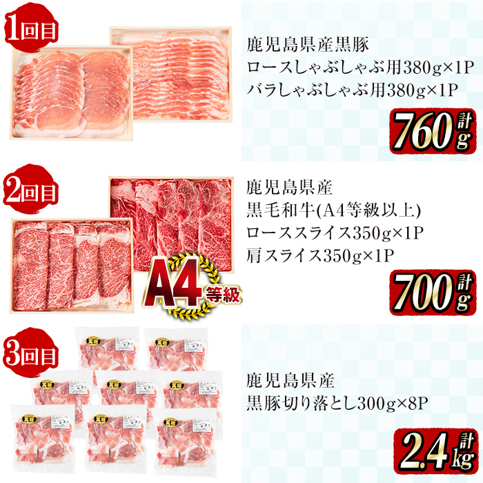 【定期便全6回】黒毛和牛・黒豚を交互にお届け！＜志布志牛・豚 満足定期コース＞計6.3kg超！ t0104-001　定期便 牛肉 豚肉 サーロイン スライス 切り落とし 黒豚 ロース 豚ロース 豚バラ