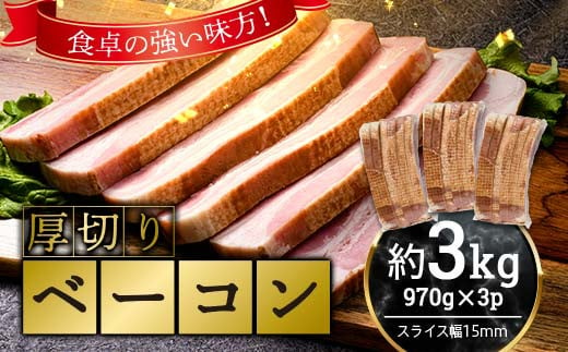 厚切りベーコン 計約3kg 970gｘ3パック 小分け 大容量 厚切り ベーコン 肉 豚肉 豚バラ 料理 朝食 朝ご飯 グルメ ふるさと納税 F6L-1068