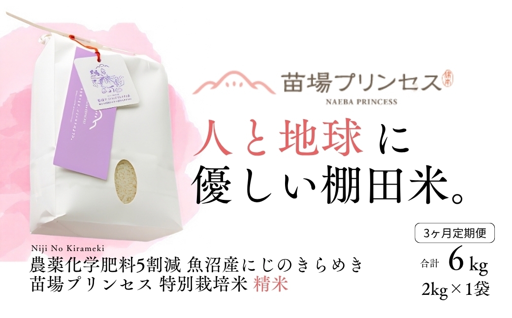 
                  【令和8年産先行予約】【3ヶ月定期便】【農薬化学肥料5割減】魚沼産にじのきらめき苗場プリンセス特別栽培米 精米 2kg 計6kg | 苗場プリンセス米 おすすめ 人気ギフト 新潟県 津南町
                
