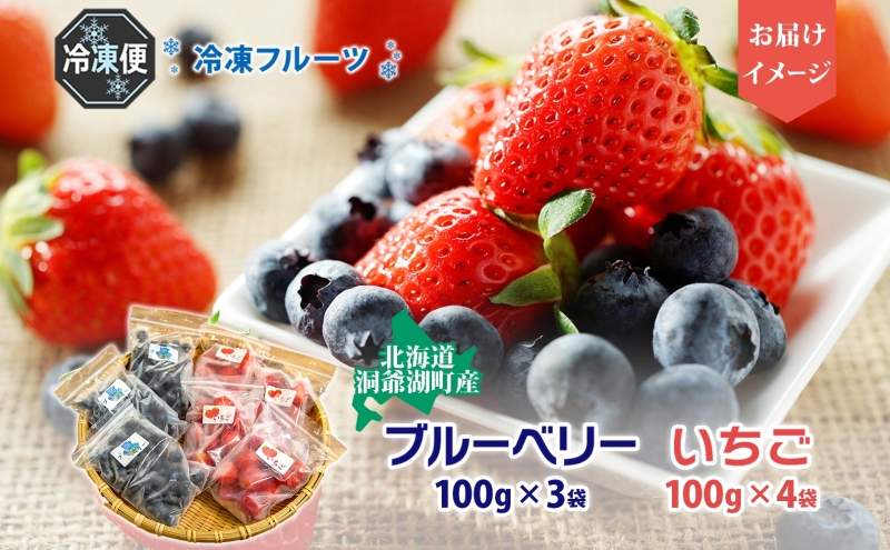 北海道産 冷凍果物2種 ブルーベリー 100g 3袋 いちご 100g 4袋 果物 果実 くだもの 赤い妖精 苺 冷凍食品 おやつ デザート スイーツ 簡単 便利 一人暮らし 小分け 製菓 冷凍 北海