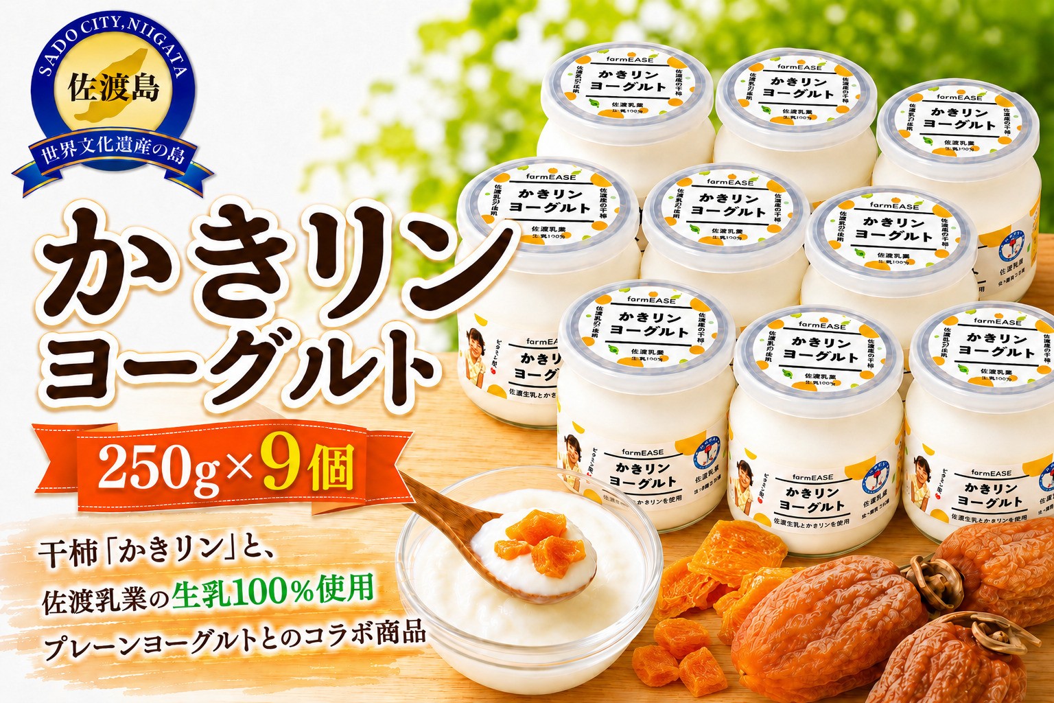 
                  【佐渡産 かきリンヨーグルト】250g×9パック 佐渡産生乳100%使用 干柿入り 冷蔵 | 新潟県産ヨーグルト 佐渡産ヨーグルト 佐渡乳業 ヨーグルト よーぐると 生乳 干柿 干し柿 ほしがき 柿 フルーツヨーグルト 乳製品 朝食 デザート にいがた さど 新潟県 佐渡市
                