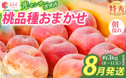 もも【2026年産8月発送/品種おまかせ】特秀3kg（8〜11玉）桑折町振興公社　【07301-0233】