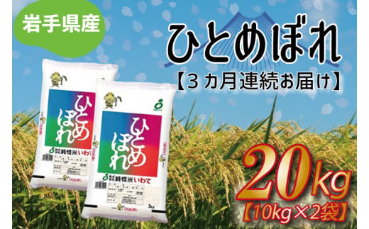 AE106　★令和5年産★【3ヶ月定期便】ひとめぼれ20kg（10kg×2袋） 岩手県産