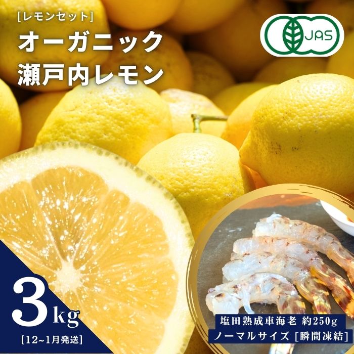 【ふるさと納税】レモンセット オーガニック瀬戸内レモン 3kg(12~1月発送) / 塩田熟成活車海老 250g ノーマルサイズ オーガニック 有機レモン 有機JAS レモン えび エビ エビフライ 国産 瀬戸内 濃厚 甘さ控えめ 免疫力向上 健康 ビタミンC クエン酸 抗酸化 ソーダ 炭酸水