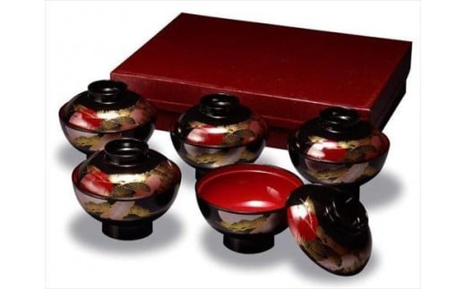 吸物椀 黒内朱 日の出松 5客入 ［YG482］