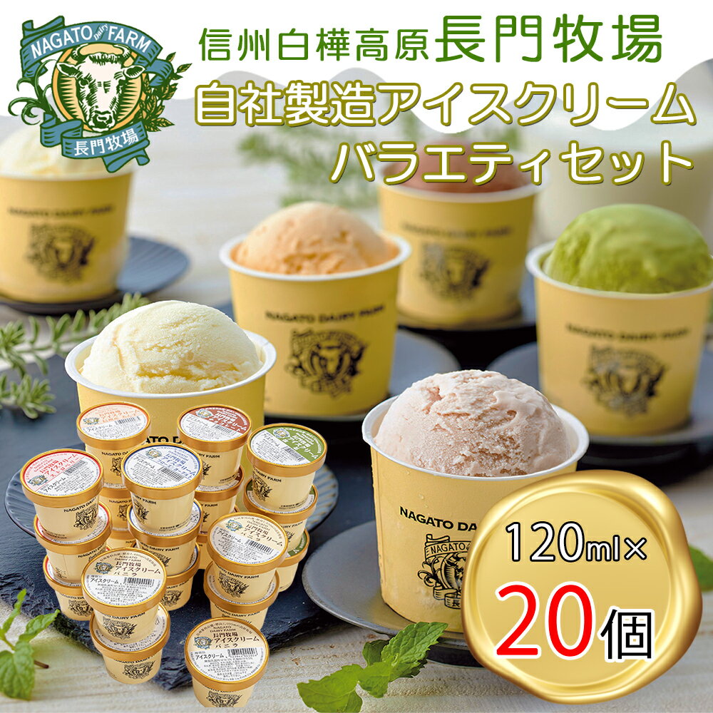 【ふるさと納税】長門牧場アイスクリーム20個セットA-4　6種のフレーバー詰め合わせ（バニラ、チョコレート、抹茶、ヨーグルト、いちご、あんず）　人気スイーツ　濃厚ミルク　直送　牛乳　生乳　国産　夏ギフト　長野県　贈答品　お土産　お中元　お歳暮　クリスマス