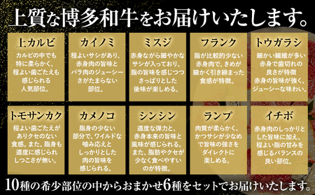 博多和牛 希少部位 おまかせ 6種 セット 株式会社木村食品《90日以内に出荷予定(土日祝除く)》小竹町 博多和牛 牛肉 焼肉用 焼肉 カルビ 上カルビ カイノミ ミスジ フランク トウガラシ トモサ