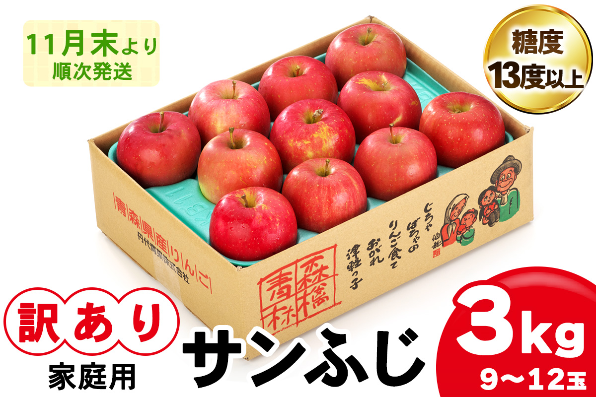 家庭用りんご サンふじ 3kg (9玉から12玉入り 3kg 1箱)  見た目にわけあり 味はそのまま｜令和7年産 2025年産 青森 津軽 つがる りんご リンゴ サンフジ 訳あり 訳アリ 果物 旬