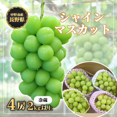
            長野県中野市産　冬でも食べれる　シャインマスカット4房(2.0kg以上)_ マスカット ぶどう ブドウ 葡萄 フルーツ 果物 くだもの 人気 美味しい ふるさと 中野市 ギフト プレゼント 贈り物 ＜配送不可地域：離島＞【1331158】
          