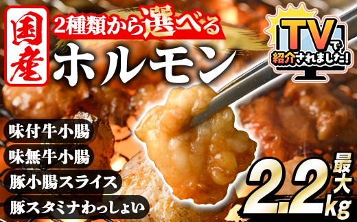 
                  ＼テレビで紹介されました！／＜選べる2種＞ホルモン(牛×豚ホルモン4種 合計2.2kg/牛ホルモン2種 合計2kg)国産 小腸 味付 パック 詰め合わせ 鍋 モツ おかず 小分け 個包装 焼肉
                