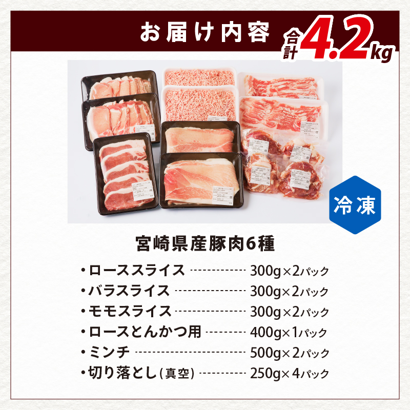 ≪宮崎県産≫豚肉6種＼てげスゲーセット／合計4.2kg_T009-012【都農町新着 肉 豚 豚肉 おかず 国産 人気 ギフト 食品  お肉 しゃぶしゃぶ 贈り物 お土産 送料無料 プレゼント】