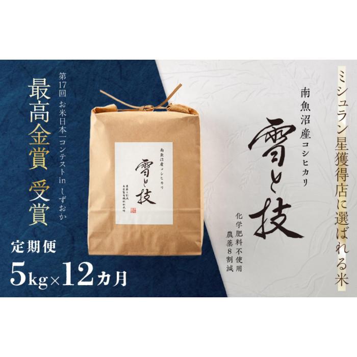 【ふるさと納税】≪ 令和7年産 ≫【 定期便 】 5kg ×12ヶ月 最高金賞受賞 南魚沼産コシヒカリ 雪と技　農薬8割減・化学肥料不使用栽培 | お米 こめ 白米 食品 人気 おすすめ 送料無料