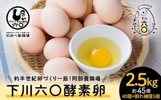 Mサイズ 2.5kg 約45個（40個＋割れ補償5個） 約半世紀卵づくり一筋 ！『下川六〇酵素卵』 下川ろくまる あべ養鶏場 割れ補償付き たまご 玉子 タマゴ ふるさと 納税 国産 北海道産 北海道 下川町 F4G-0301