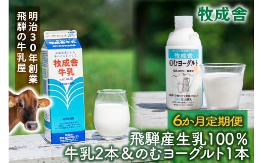 【6か月定期便】牧成舎の飛騨産低温殺菌牛乳と飲むヨーグルトセット｜牛乳1000ml×2本＋のむヨーグルト750ml×1本｜食品添加物不使用・お取り寄せ・健康習慣｜ (有)牧成舎 DF237