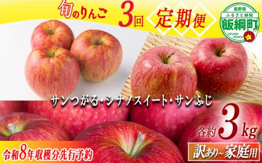 ＼農家応援企画／ 【令和8年度先行予約返礼品】 3種のりんご 定期便 3kg × 3回 家庭用 訳あり りんご 《 サンつがる シナノスイート サンふじ 》 先行予約 リンゴ 林檎 訳アリ わけあり 不揃い 果物 くだもの フルーツ 長野県産 長野 信州 お試し 2026年8月下旬頃から12月上旬頃まで順次発送予定 長野県 飯綱町 [0794]