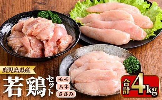 y537 鹿児島県産若鶏セット(合計4kg・もも、むね、ささみ) 国産 九州産 鹿児島県産 鶏肉 鳥肉 鶏 とり 若鶏 冷凍 もも むね ささみ ササミ 筋なし セット 詰め合わせ 小分け 真空 【TRINITY】