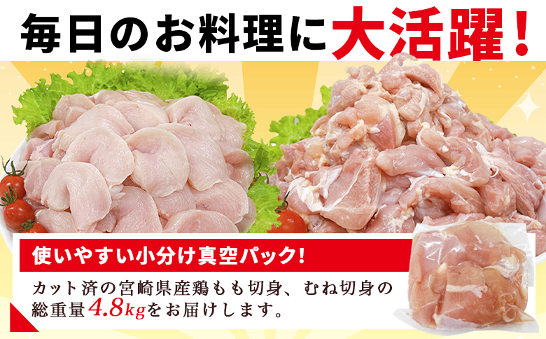 ＜若鶏肉 4.8kg セット＞ 2種セット 鶏肉 鶏もも 鶏むね 鶏モモ 鶏ムネ 小分けパック 真空パック カット肉 カット済み もも肉 むね肉 切身 切り身 普段使い 料理 詰め合わせ 精肉 県産 
