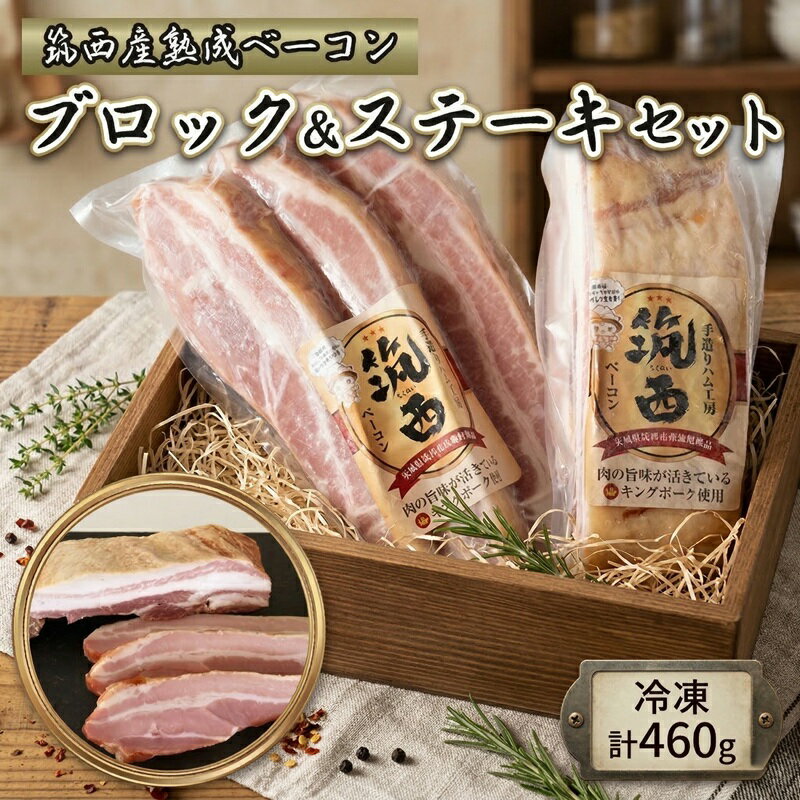 【ふるさと納税】筑西ベーコン ブロック＆ステーキセット 燻製 熟成ベーコン ベーコンステーキ キングポーク 厚切り 桜チップ
