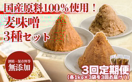 【3回定期便】麦みそ 3種セット 各3個 計9kg | 甘口 中辛 合わせ 減塩 低塩 麦みそ 国産 大麦 大豆 味噌 みそ 粒みそ 調味料 麹 こうじ 味噌汁 みそ汁 愛媛県 松前町 えひめけん まさきちょう ギノーみそ