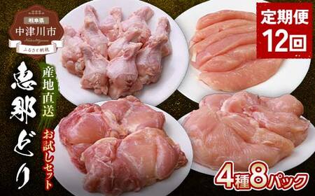 【定期便・12回】産地直送！恵那どり お試し4種8パックセット 小分け 真空パック 大容量 セット 鶏肉 F4N-2470