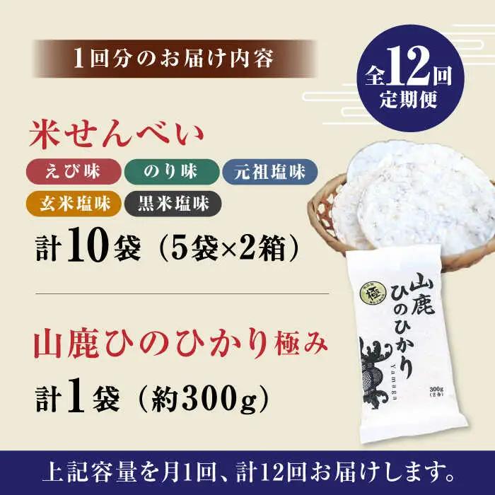 【12回定期便】【極み】米せんべい（えび味、のり味、元祖塩味、玄米塩味、黒米塩味） &amp; ヒノヒカリ【せんべい工房】[ZBQ013]