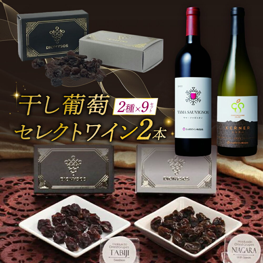 【ふるさと納税】 干しぶどう ワイン セット 無添加 2種 各9箱 北海道産ワイン 2本 ヤマ・ソービニオン ケルナー 750ml 赤 白 飲み比べ 食べ比べ レーズン ドライフルーツ 旅路 ナイアガラ ブドウ ぶどう 葡萄 フルーツ お菓子 スイーツ おつまみ おやつ 北海道 札幌市