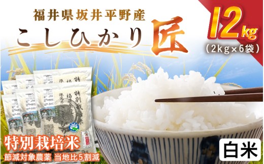令和7年産 特別栽培米 コシヒカリ匠 12kg（2kg×6袋）節減対象農薬当地比5割減【白米】【米 コメ お米 コシヒカリ ふるさと納税米 ブランド米 国産】 [E-2920_01]