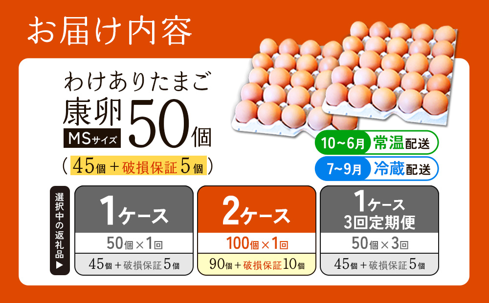 卵【わけあり】霧島山麓育ち こだわり卵 康卵 MSサイズ 計 50個 × 2ケース 計 100個（90個 + 割れ保証 10個）たまご 玉子 タマゴ 卵焼き 玉子焼き たまご焼き 生卵 鶏卵 平飼い 放し飼い たまごかけごはん 国産 九州産 宮崎県産 送料無料