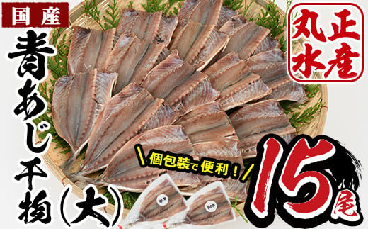 
九州産あじの開き(1尾約20cm・計15枚)干物 ひもの 魚 さかな 鯵 アジ おかず 肴 おつまみ 簡単 時短 おかず お弁当 国産 冷凍 宮崎県 門川町【AW-3】【丸正水産】
