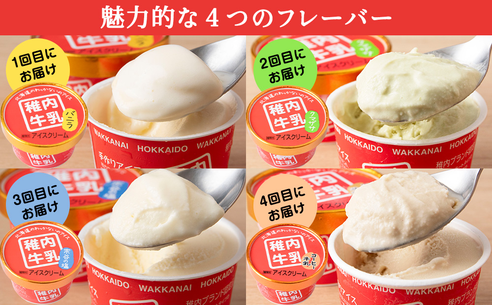 【定期便4ヶ月】毎月違う味が届く！稚内牛乳 アイスクリーム (バニラ、クマザサ、コーヒー牛乳、宗谷の塩)各8個