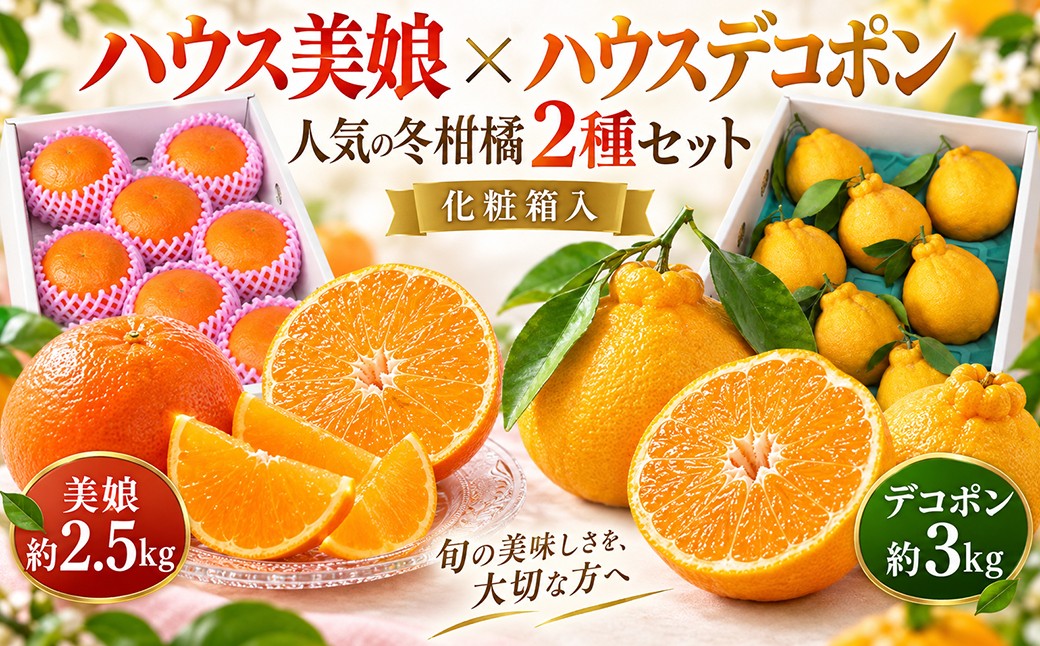 
                  ハウス美娘 × ハウスデコポン 計約5.5kg [人気の冬の柑橘2種セット]（化粧箱入） ／ ミカン みかん 蜜柑 美娘 みこ オレンジ おれんじ デコポン でこぽん 柑橘 不知火 しらぬい 5.5kg 5.5キロ セット 食べ比べ 柑橘類 フルーツ 先行予約 ＜132-004＞
                