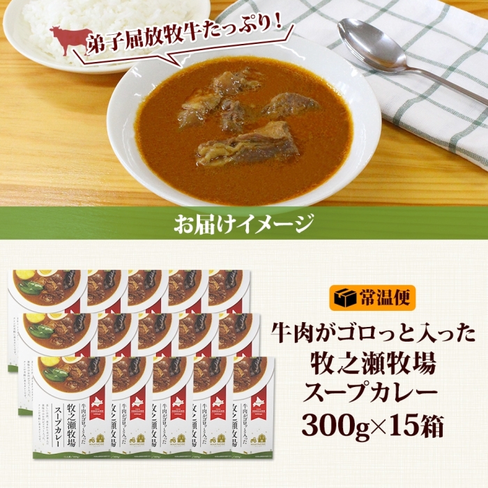 3024. ビーフ スープカレー 300g 15袋 カレー ビーフカレー スープ 牛 牛肉 放牧牛 牧場 レトルトカレー レトルト食品 レトルト 湯煎 レンジ 牧之瀬牧場 送料無料 北海道 弟子屈町_