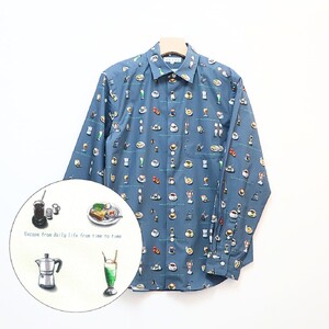 CLOFT 綿100％長袖オリジナルプリントシャツ”憩い”喫茶店柄（C/#17ダークネイビー） L 0139-020-S07-5