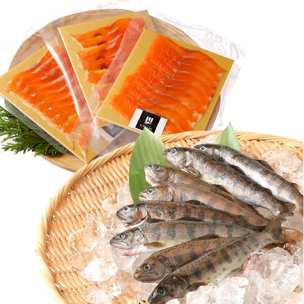 【ふるさと納税】阿蘇から届く かわべの湧水やまめ (8匹) と ASOサーモンの燻製 (40g×6パック) セット 2種 魚 川魚 内臓処理済 ヤマメ 燻製 スモーク おつまみ 真空パック 個包装 キャンプ BBQ 焼くだけ 冷凍 熊本県産 九州産 国産 送料無料