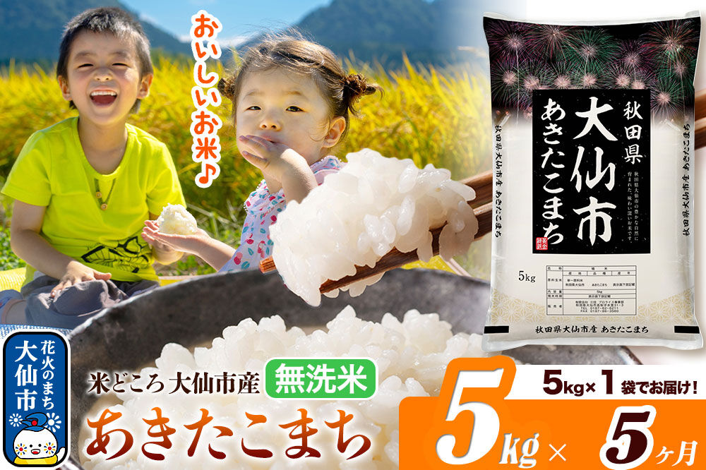 米《定期便5ヶ月》あきたこまち【無洗米】米どころ秋田県大仙市産 あきたこまち5kg（5kg×1袋）