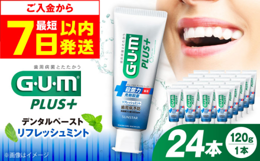 【最短7日以内発送】ガム・プラス デンタルペースト 120g×24本（リフレッシュミント） 歯磨き はみがき ハミガキ 歯磨き粉 歯みがき粉 歯ブラシ ハブラシ 薬用 医薬部外品 歯周病 虫歯 口臭 矯正 大容量 人気 定番 おすすめ 高濃度フッ素配合 歯周病予防 歯肉炎 歯槽膿漏 口臭ケア デンタルケア オーラルケア 殺菌成分 CPC 大阪府高槻市/サンスター[AOAD028]