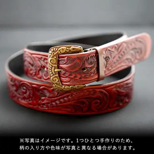 牛革ベルト（花柄・アンティークコードバン染め）【太さ40mm / 厚さ3.7mm / L(130cm)】 牛革 父の日 手作り ベルト 革製品 [BE016ya-L]