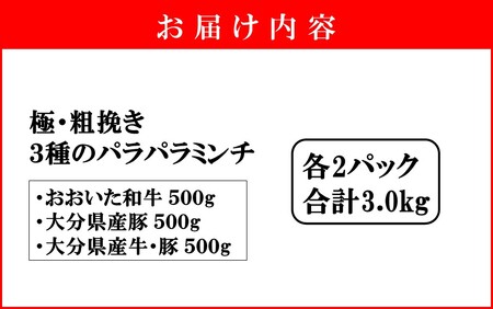 2589R-2_極・粗挽き! 大分県産 牛 ･ 豚 3種のパラパラミンチ 挽肉 各500g×2P ひき肉 あらびき 便利 国産 おおいた和牛 豊後牛