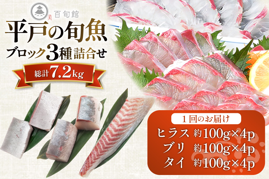 魚 刺身 刺身用 ブロック 3種 6回 定期便 総計 約7.2kg [百旬館 長崎県 平戸市 hr42bhb460016] お刺身 さしみ 鮮魚 ブロック 冷凍 ヒラス ぶり ブリ 鰤 鯛